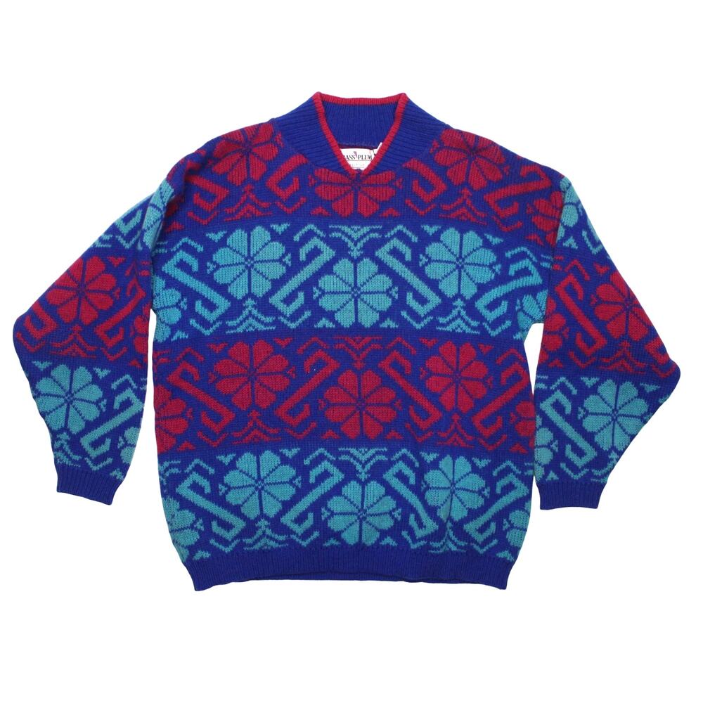 Vintage Shetland Wool sweater winter blue pink 80s 90s retro ski snowflake sz M